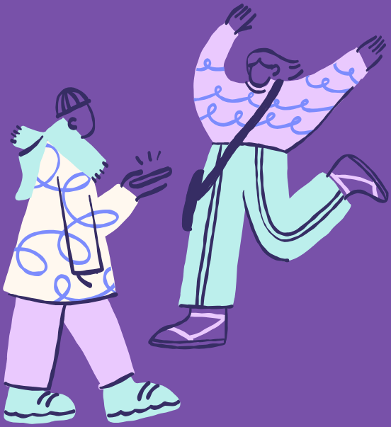 Two illustrated figures walking together