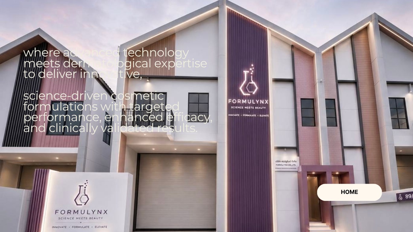 The Formulynx headquarters at dusk. Where advanced technology meets
              dermatological expertise to deliver innovative, science-driven cosmetic
              formulations with targeted performance, enhanced efficacy and
              clinically validated results.